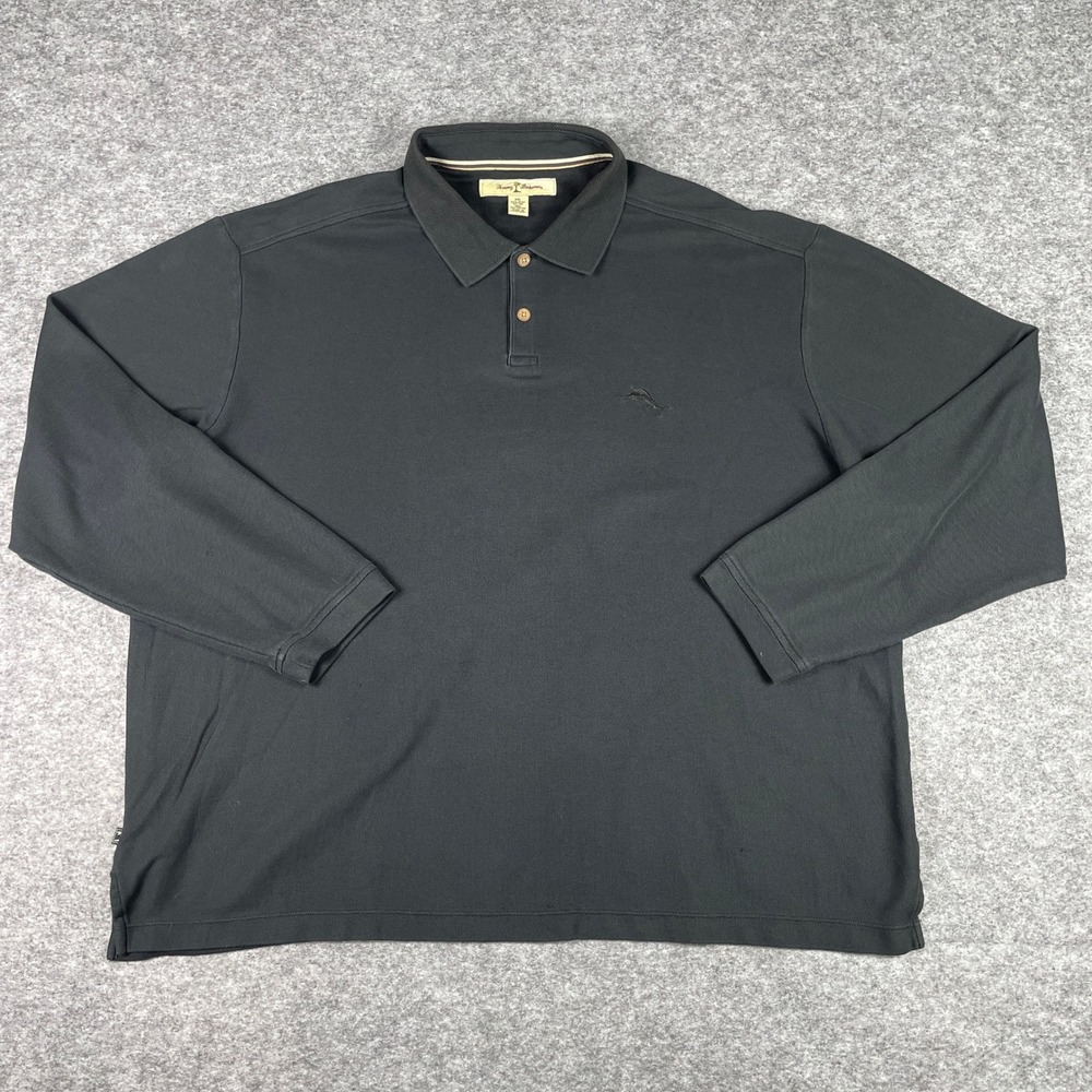 Tommy Bahama Polo Shirt Mens XXL Black Long Sleeve Pima Cotton Blend Pique